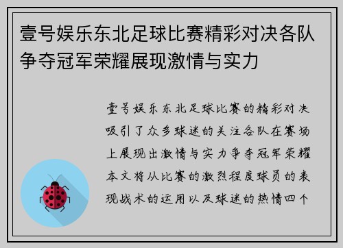 壹号娱乐东北足球比赛精彩对决各队争夺冠军荣耀展现激情与实力